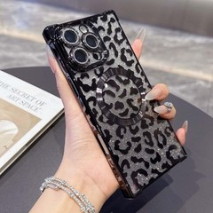 For iPhone 16 Pro Max 15 14 13 Magnetic Glitter Leopard Print Electroplated Case
