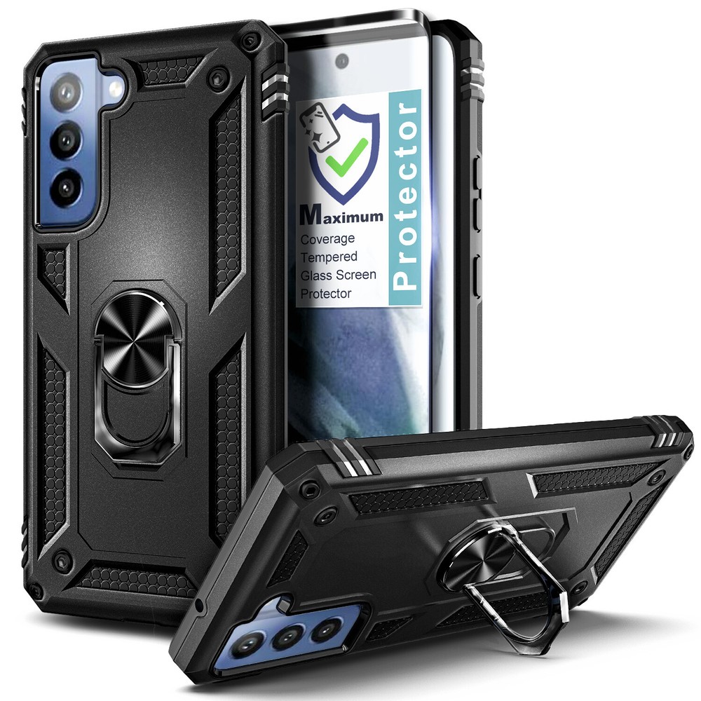 For Samsung Galaxy S21 FE 5G Case Ring Stand Phone Cover with Tempered Glass