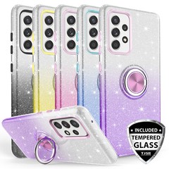 For Galaxy A54 A53 A33 5G Ring Case Glitter TPU Bling Phone Cover+Tempered Glass