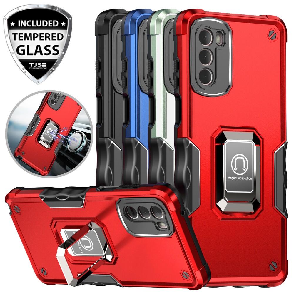 For Motorola Moto G Stylus 2022 4G Metal Ring Case Magnetic Stand+Tempered Glass