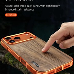 Genuine Walnut Wood Magnetic Back Case for iPhone17 Pro Max Alloy Bumper Cover