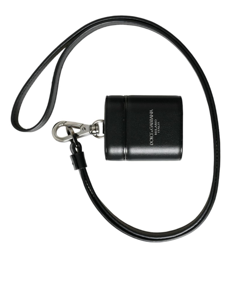 Dolce&Gabbana Women Black Airpods Case 100% Leather Solid With Strap Mini Cover