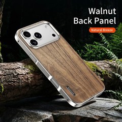 Genuine Walnut Wood Magnetic Back Case for iPhone17 Pro Max Alloy Bumper Cover