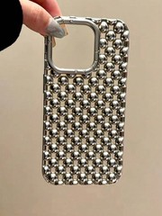 Silver Metallic Bead Studded Phone Case For iPhone 13 To 17 Pro Max