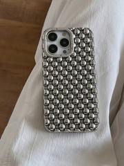 Silver Metallic Bead Studded Phone Case For iPhone 13 To 17 Pro Max