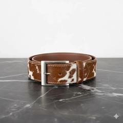 Handmade Cowhide Leather Belt Western Hair-On Hide Solid Buckle Cow Print
