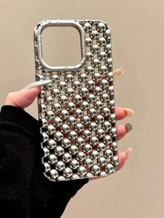 Silver Metallic Bead Studded Phone Case For iPhone 13 To 17 Pro Max