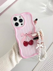 Cream Cherry Bow Pearl Beaded Case For Samsung Galaxy A17 With Wavy Edge