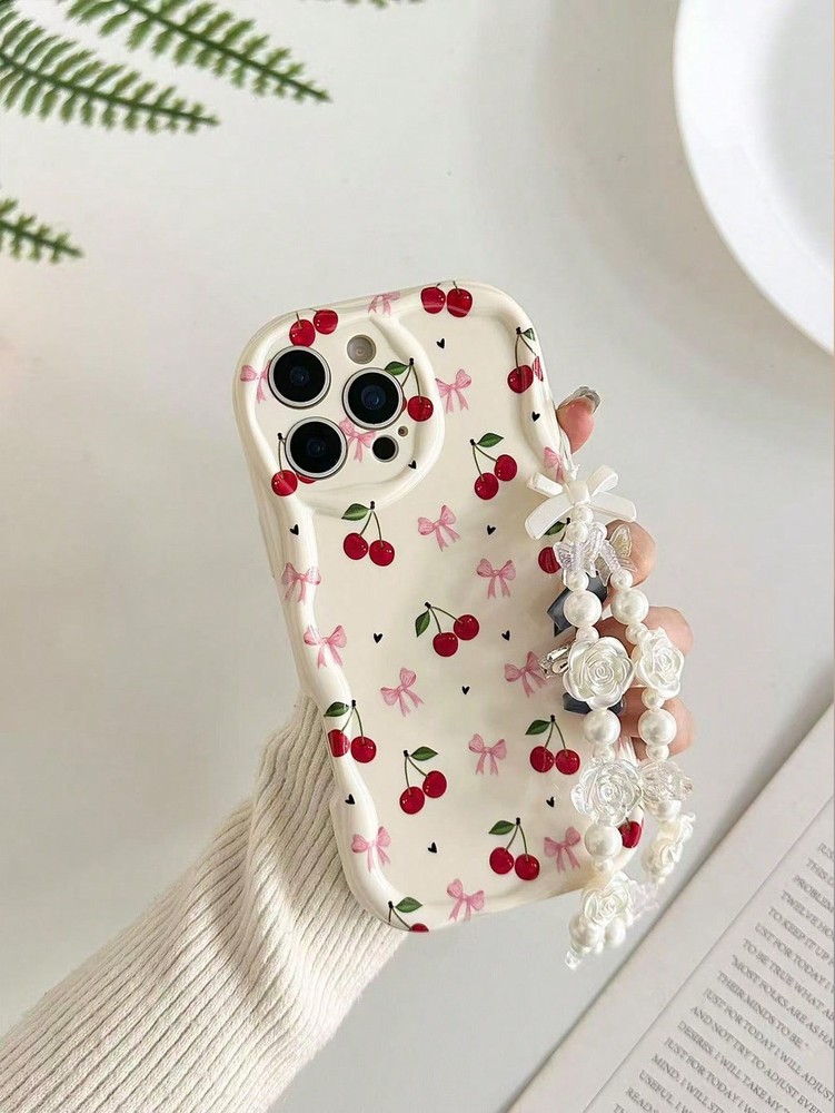 Cream Cherry Bow Pearl Beaded Case For Samsung Galaxy A17 With Wavy Edge