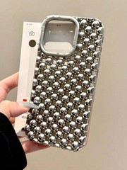 Silver Metallic Bead Studded Phone Case For iPhone 13 To 17 Pro Max
