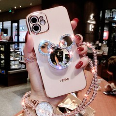For iPhone 15 Pro Max 14 13 12 11 X Cute Bling Mirror Holder Phone Case w/ Chain