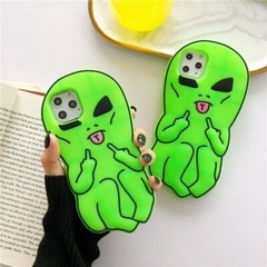 3D Green Cartoon Alien Case For iPhone 16 15 Pro Max 14 13 12 11 Silicone Cover