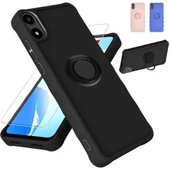 A67L Phone Case with Tempered Glass, Ring Support, 2MM Thick, Black Cover