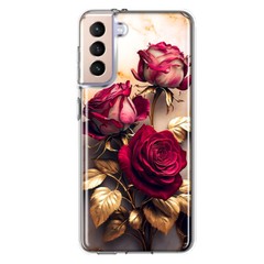 For Samsung Galaxy S22 Plus Shockproof Hybrid Case, Gold Marble Red Roses